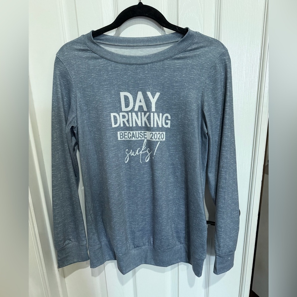 Casual Heathered Blue Graphic LS Tee - "DAY DRINKING Because 2020 Sucks!"